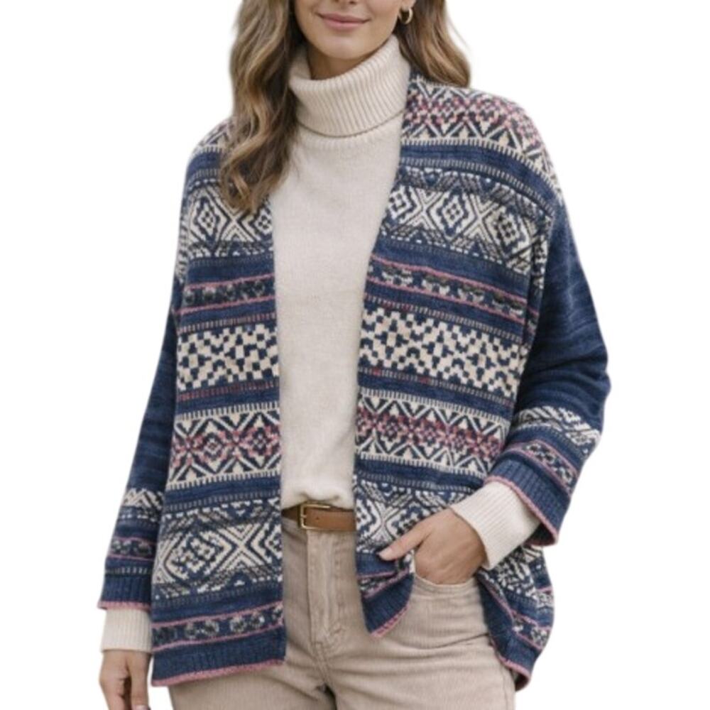 Chaps Cardigan Womens S Blue Multicolor Aztec Open Knit Sweater Western Colorful